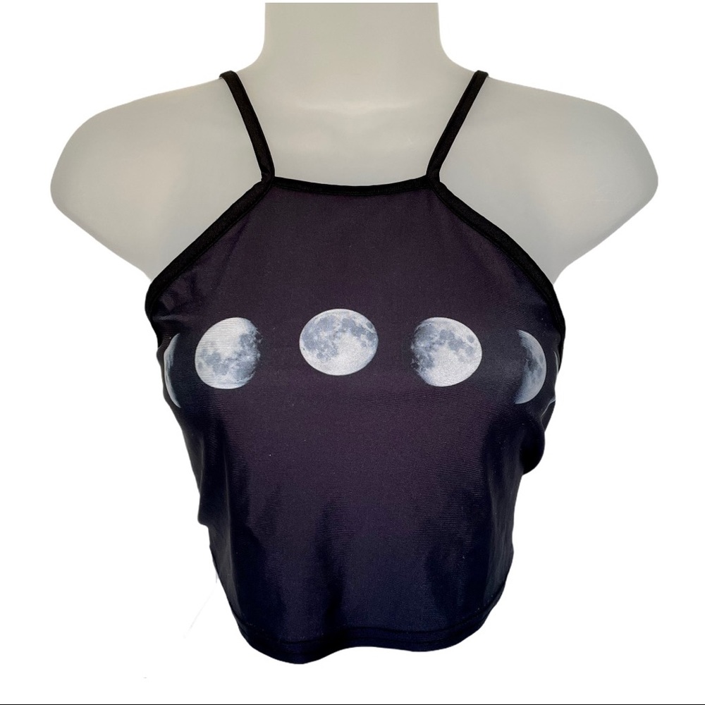 Moon Phase Crop Top Tie Lace Back Tank Stretch Moonlight